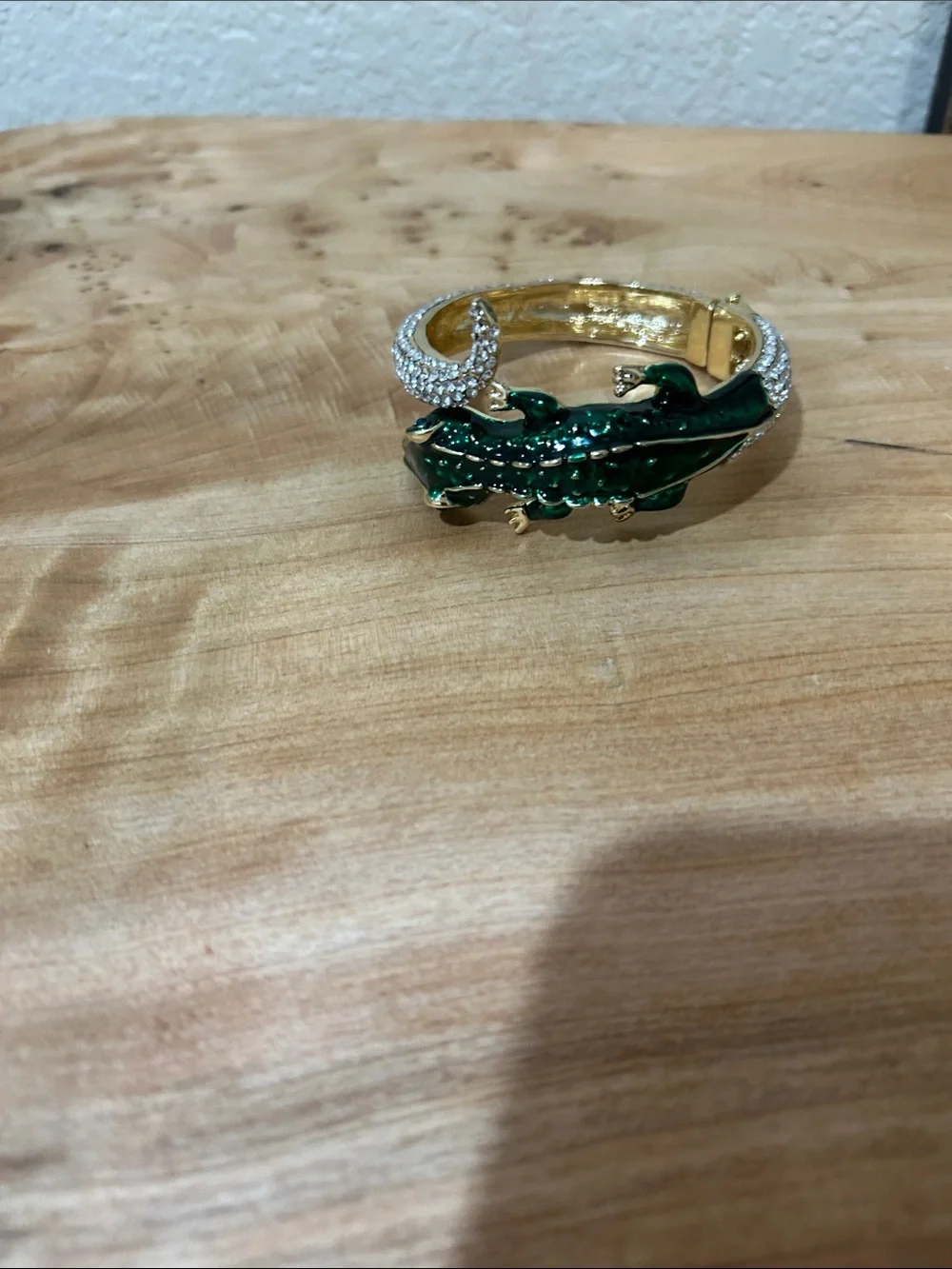 Gold-Tone Green Crystal Alligator Hinged Bangle Bracelet